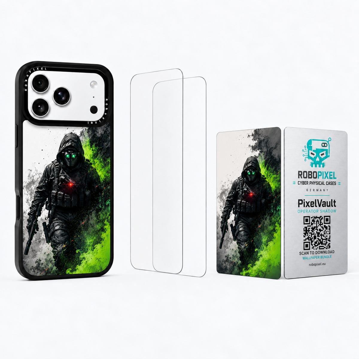The Ultimate Pack — Operator Shadow: phone case, two tempered glass screen protectors and the matching PixelVault metal card