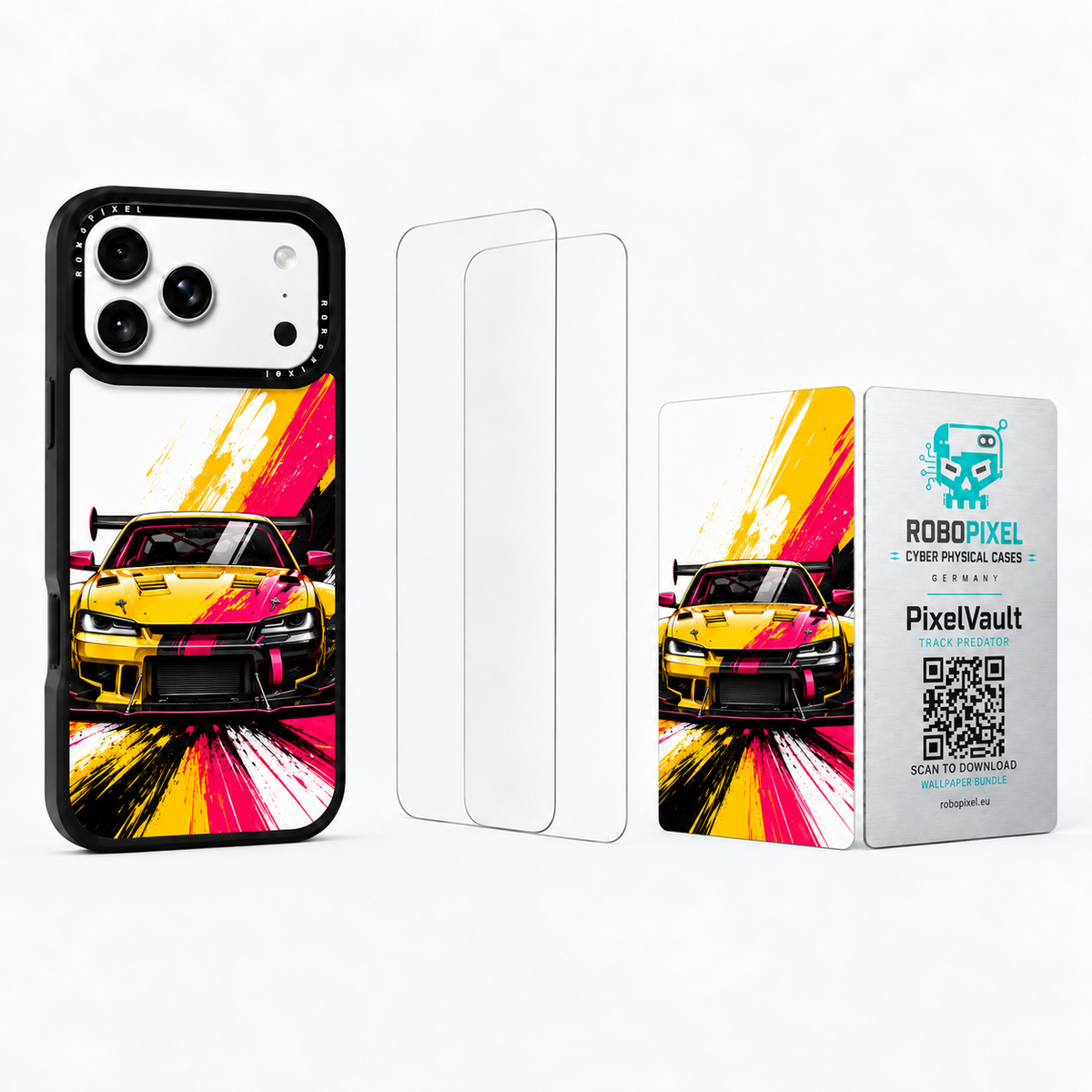 The Ultimate Pack — Track Predator: phone case, two tempered glass screen protectors and the matching PixelVault metal card