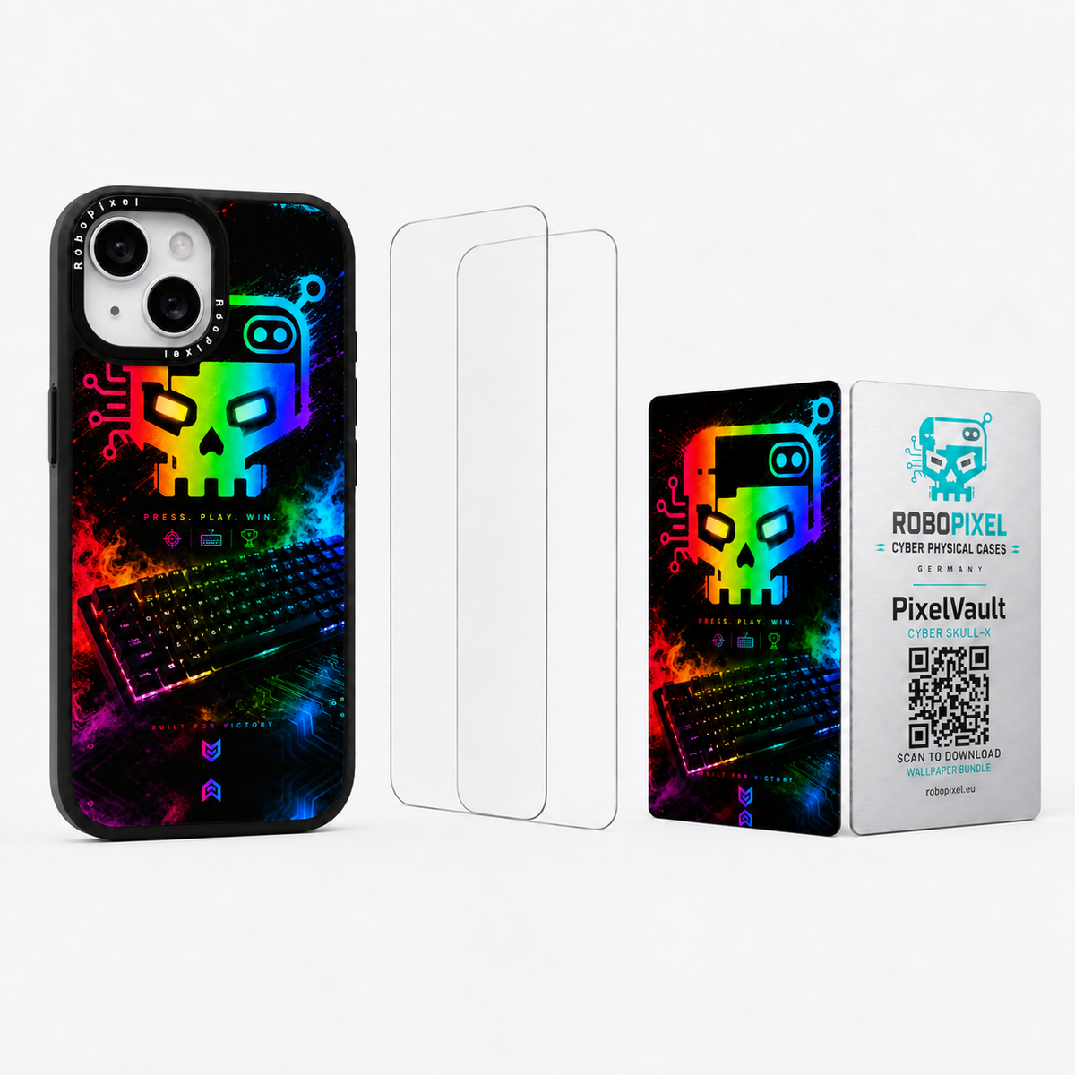 The Ultimate Pack — Cyber Skull-X for iPhone 15 / iPhone 15 Plus: phone case, two tempered glass screen protectors and the matching PixelVault metal card