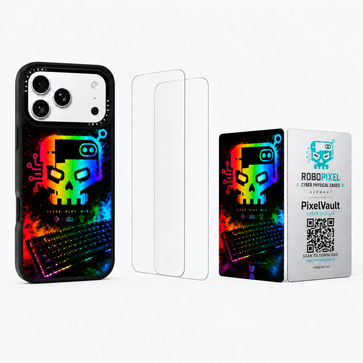 The Ultimate Pack — Cyber Skull-X for iPhone 17 Pro / iPhone 17 Pro Max: phone case, two tempered glass screen protectors and the matching PixelVault metal card