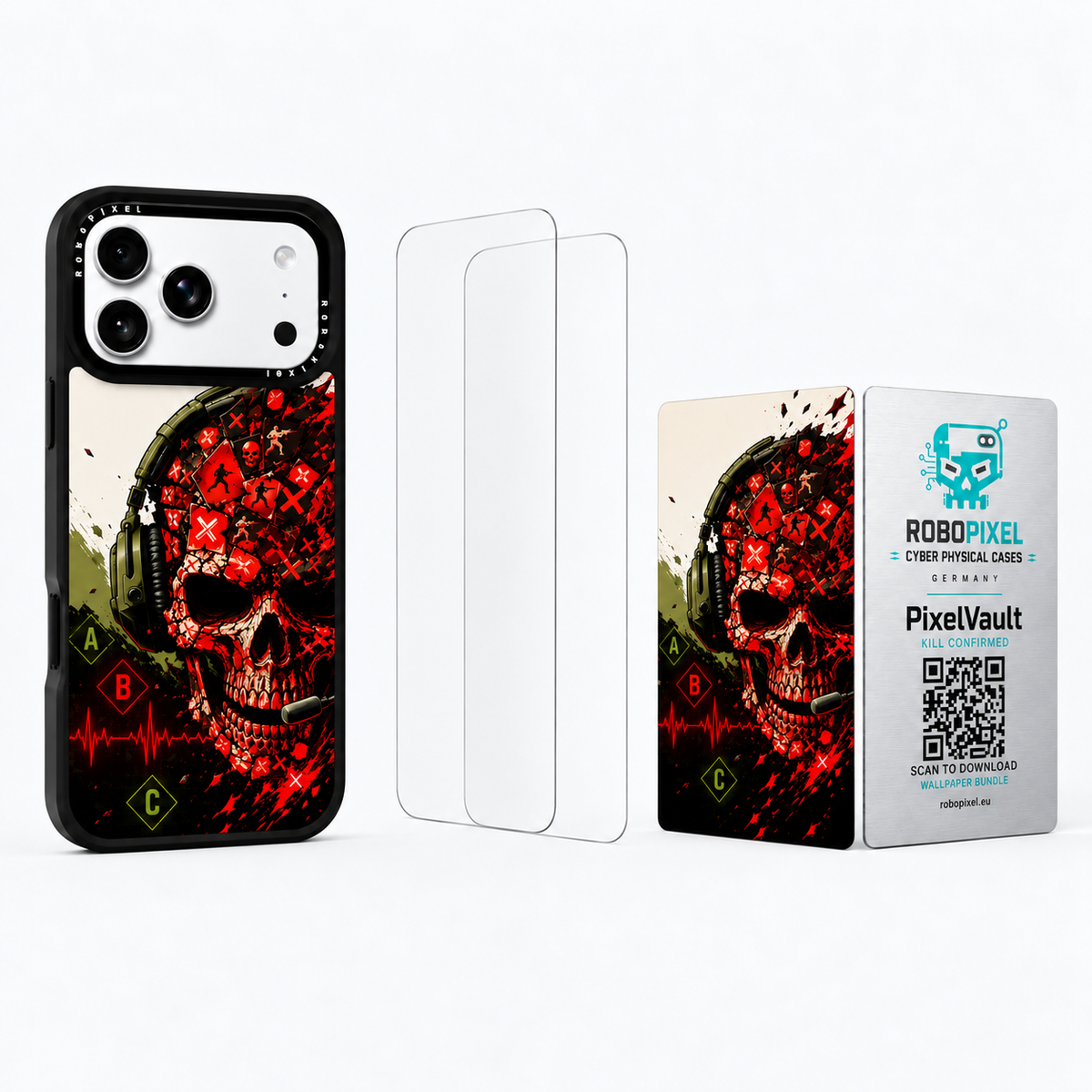 The Ultimate Pack — Kill Confirmed: phone case, two tempered glass screen protectors and the matching PixelVault metal card
