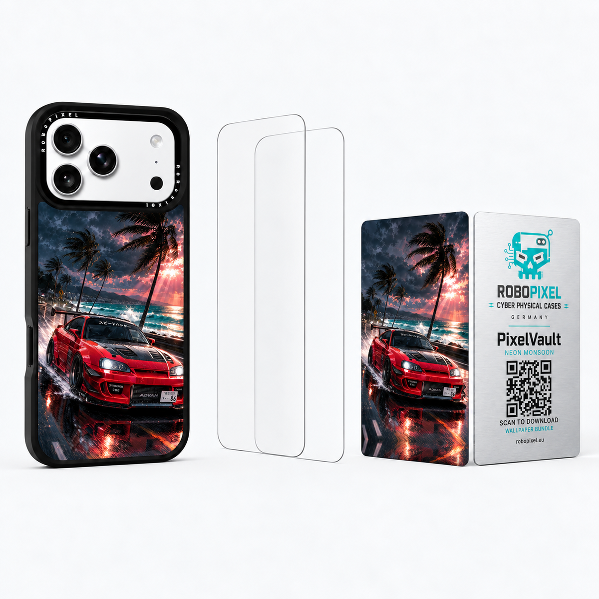 The Ultimate Pack — Neon Monsoon: phone case, two tempered glass screen protectors and the matching PixelVault metal card