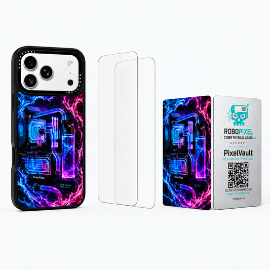 The Ultimate Pack — Plasma Hyper-Flow: phone case, two tempered glass screen protectors and the matching PixelVault metal card