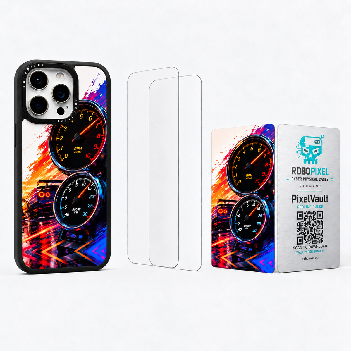 The Ultimate Pack — Redline Pulse for iPhone 15 Pro / iPhone 15 Pro Max: phone case, two tempered glass screen protectors and the matching PixelVault metal card