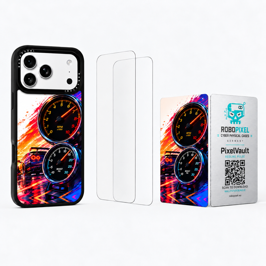 The Ultimate Pack — Redline Pulse: phone case, two tempered glass screen protectors and the matching PixelVault metal card