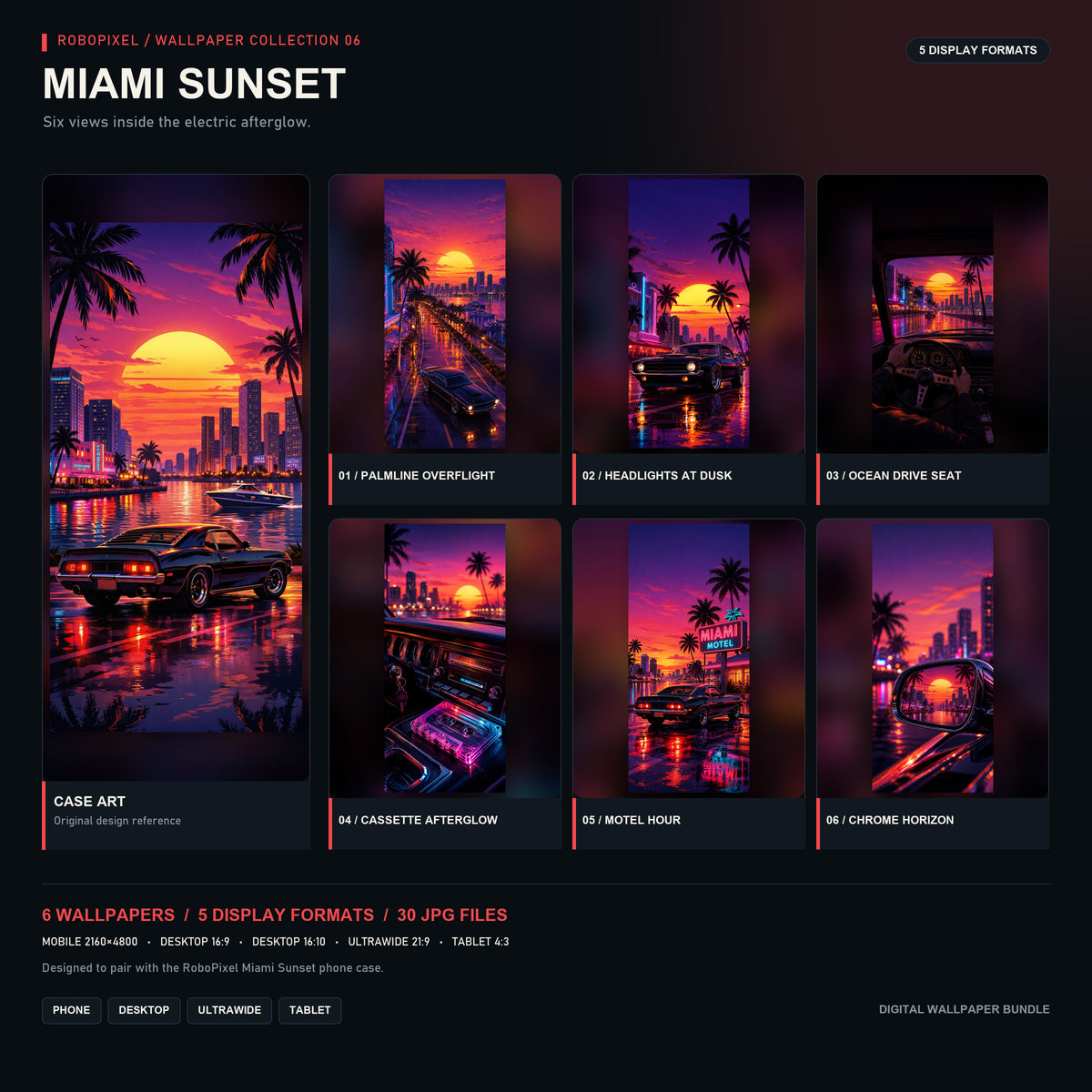 RoboPixel Miami Sunset wallpaper collection: six matching wallpapers in five display formats, unlocked with the PixelVault metal card included in this pack