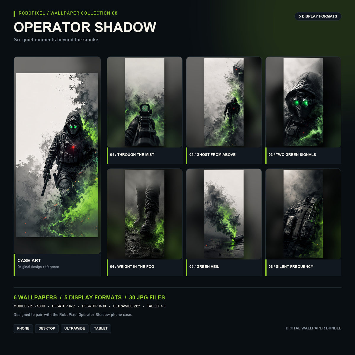 RoboPixel Operator Shadow wallpaper collection: six matching wallpapers in five display formats, unlocked with the PixelVault metal card included in this pack