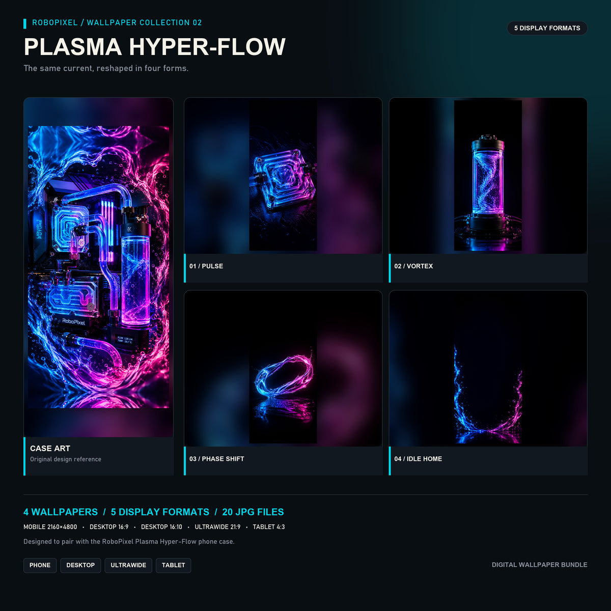 RoboPixel Plasma Hyper-Flow wallpaper collection: six matching wallpapers in five display formats, unlocked with the PixelVault metal card included in this pack