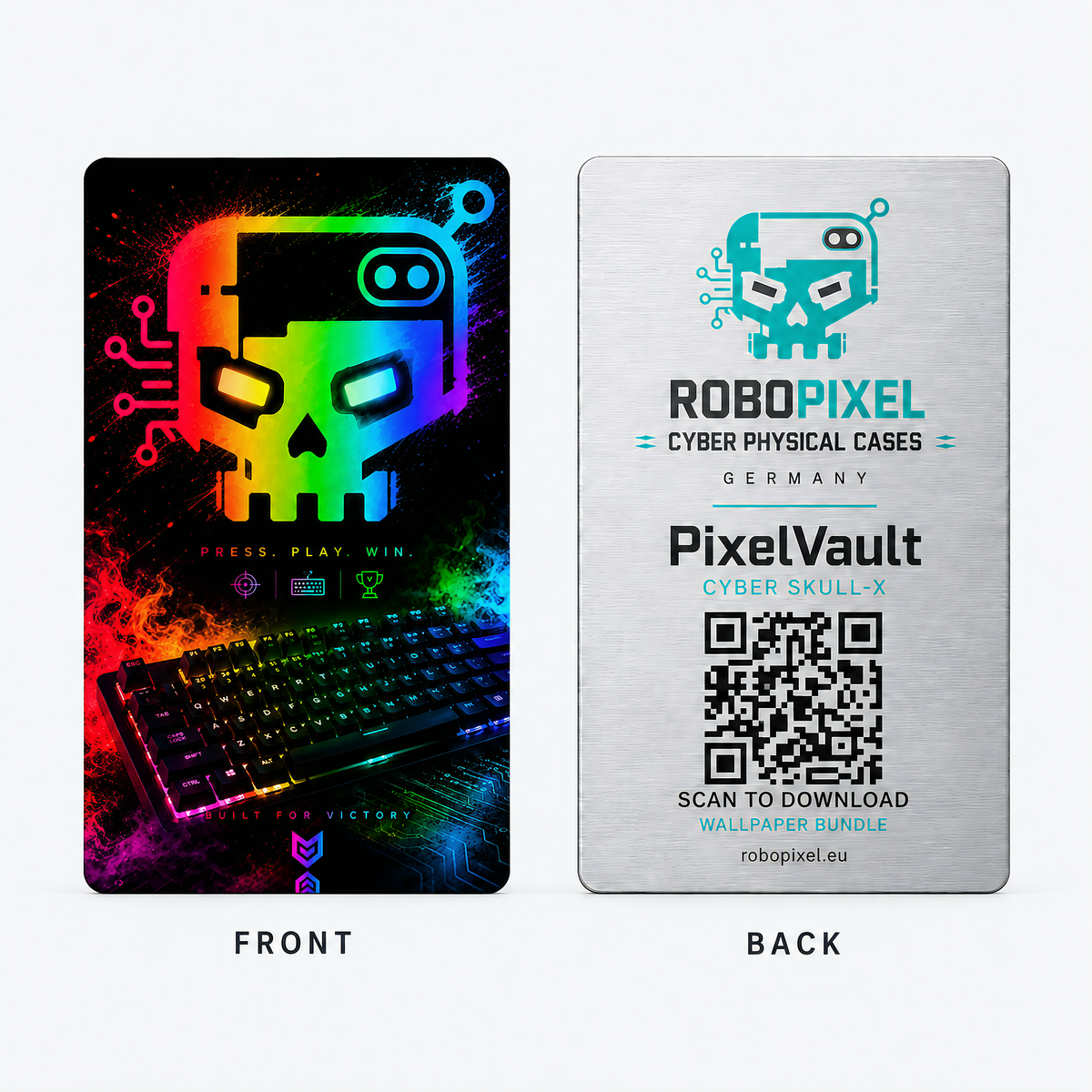PixelVault metal design card — Cyber Skull-X, front and back