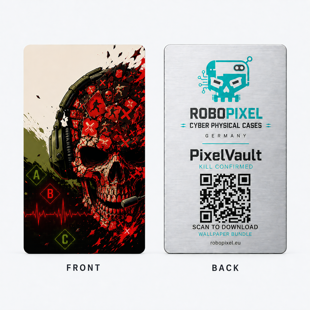 PixelVault metal design card — Kill Confirmed, front and back
