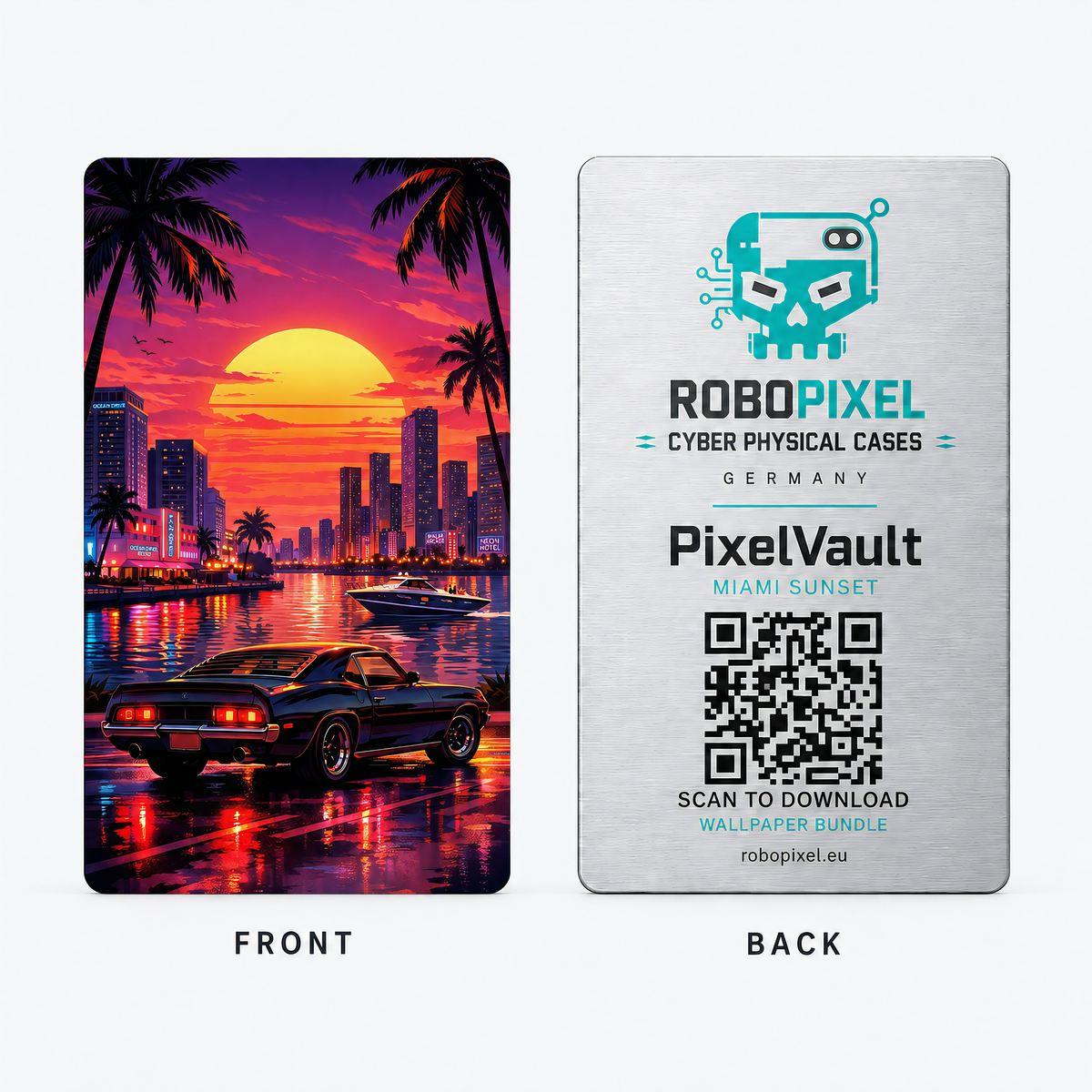 PixelVault metal design card — Miami Sunset, front and back