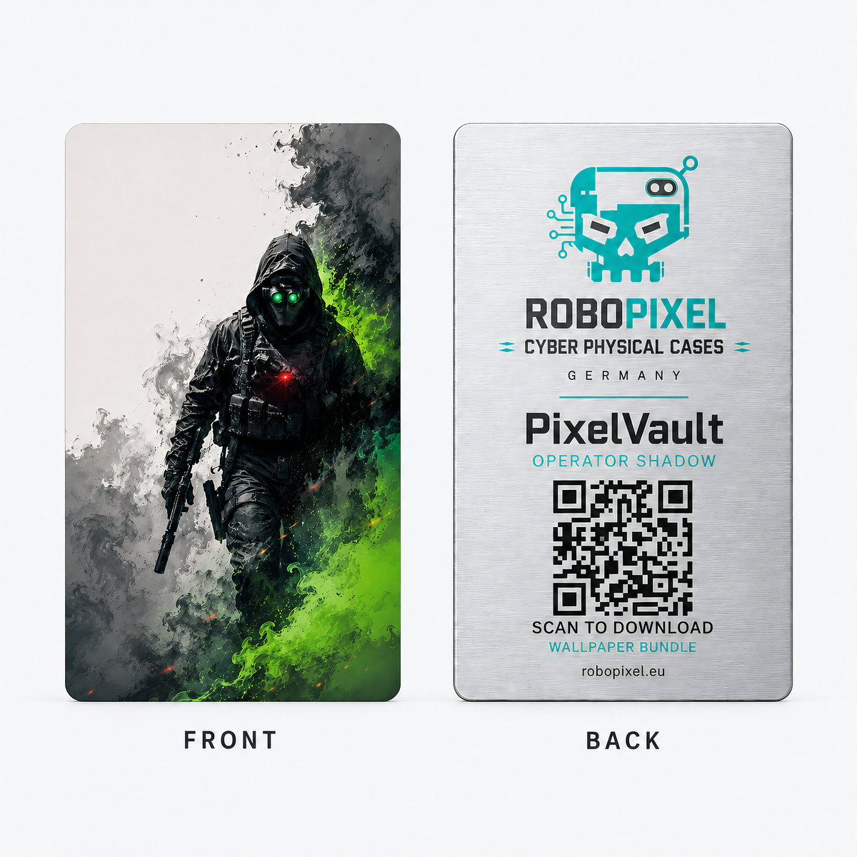 PixelVault metal design card — Operator Shadow, front and back