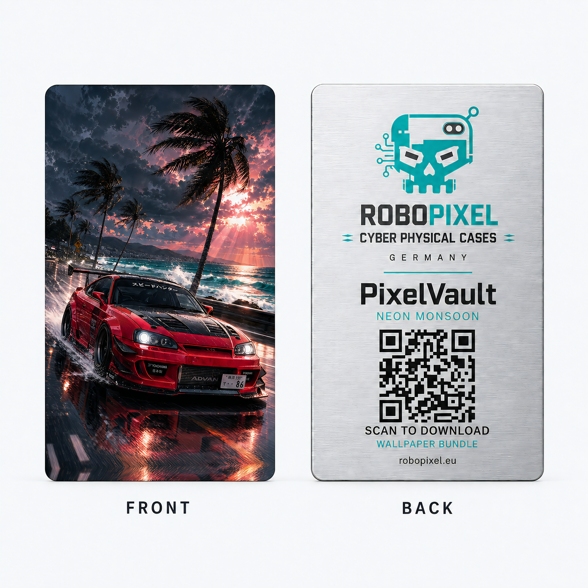 PixelVault metal design card — Neon Monsoon, front and back