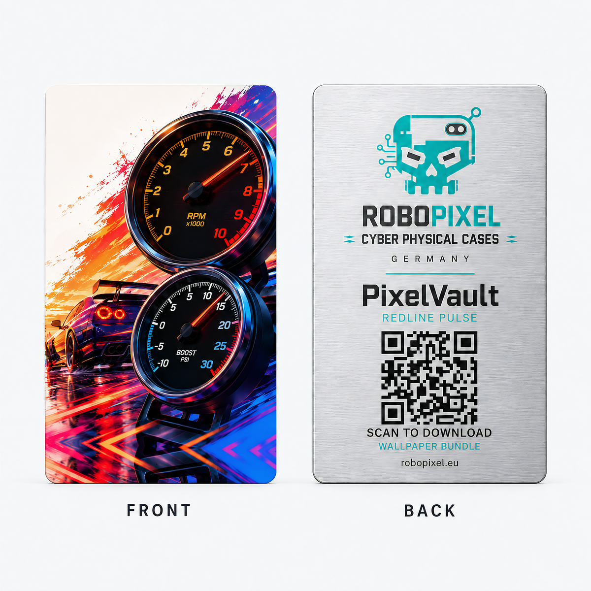 PixelVault metal design card — Redline Pulse, front and back