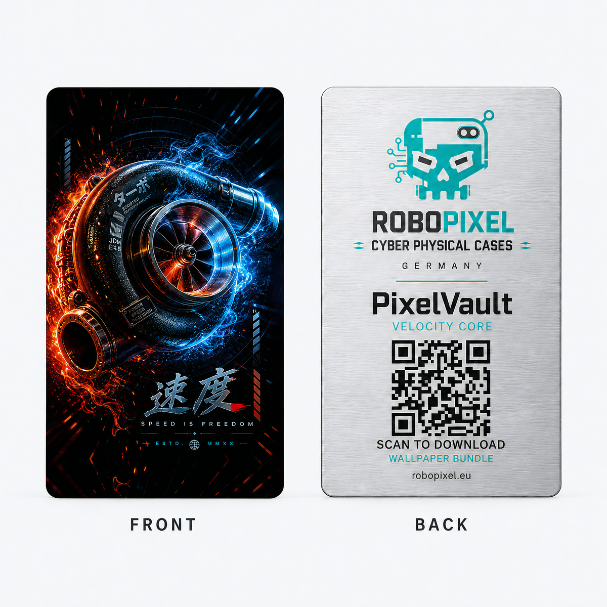 PixelVault metal design card — Velocity Core, front and back