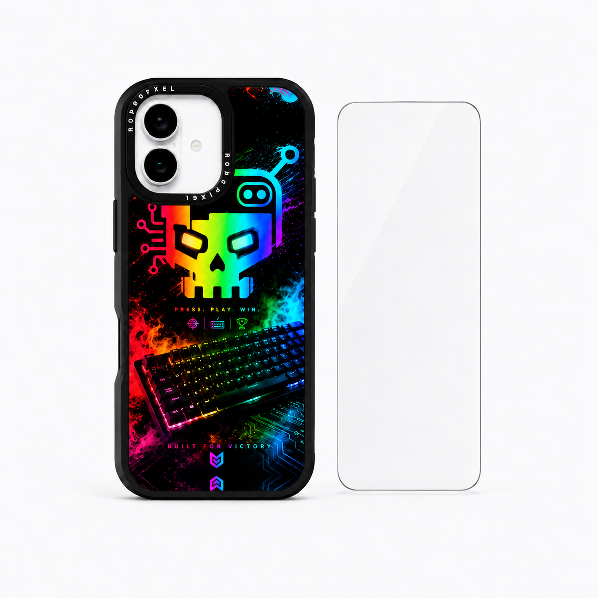 The Protection Pack — Cyber Skull-X for iPhone 16 / iPhone 16 Plus: phone case and one tempered glass screen protector