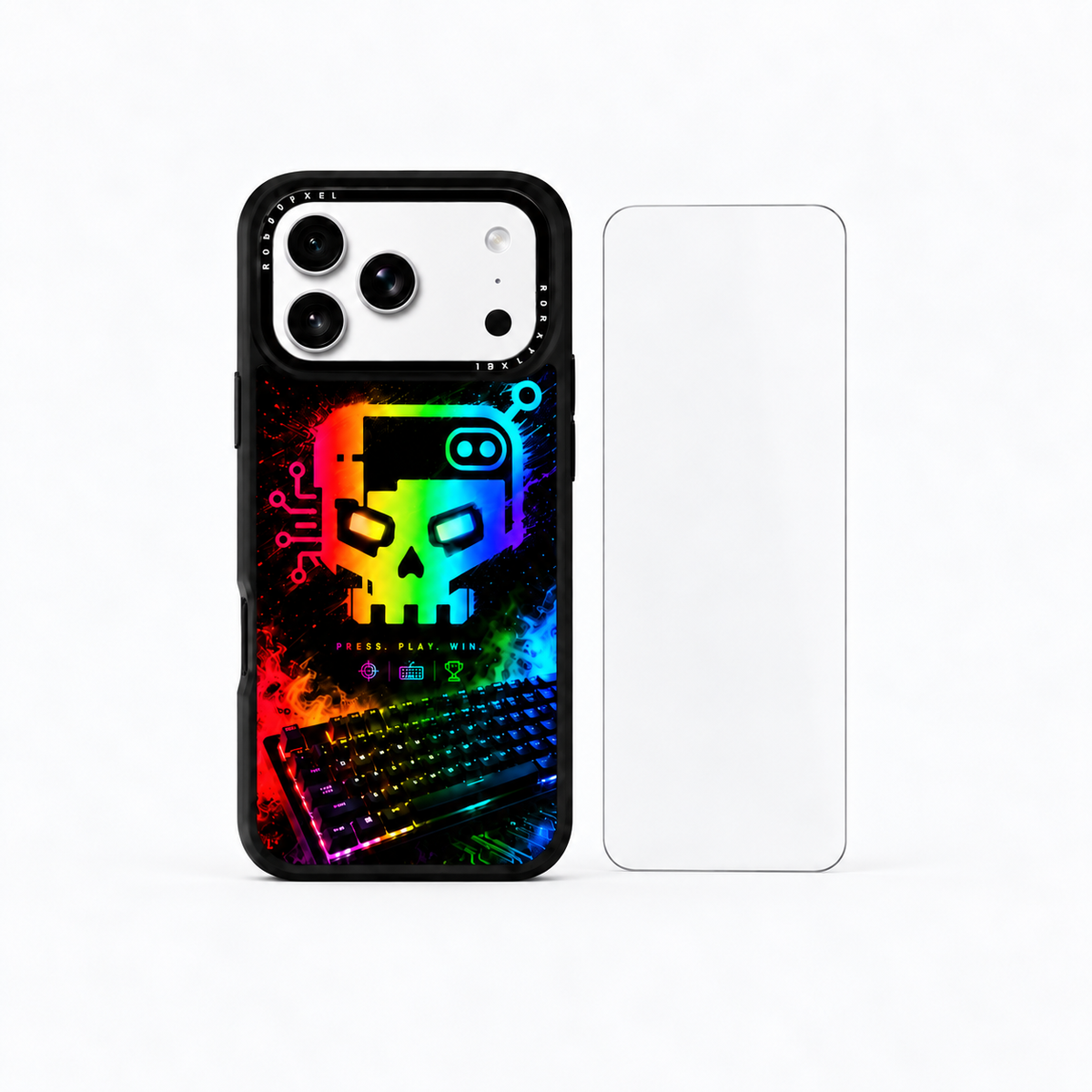 The Protection Pack — Cyber Skull-X for iPhone 17 Pro / iPhone 17 Pro Max: phone case and one tempered glass screen protector