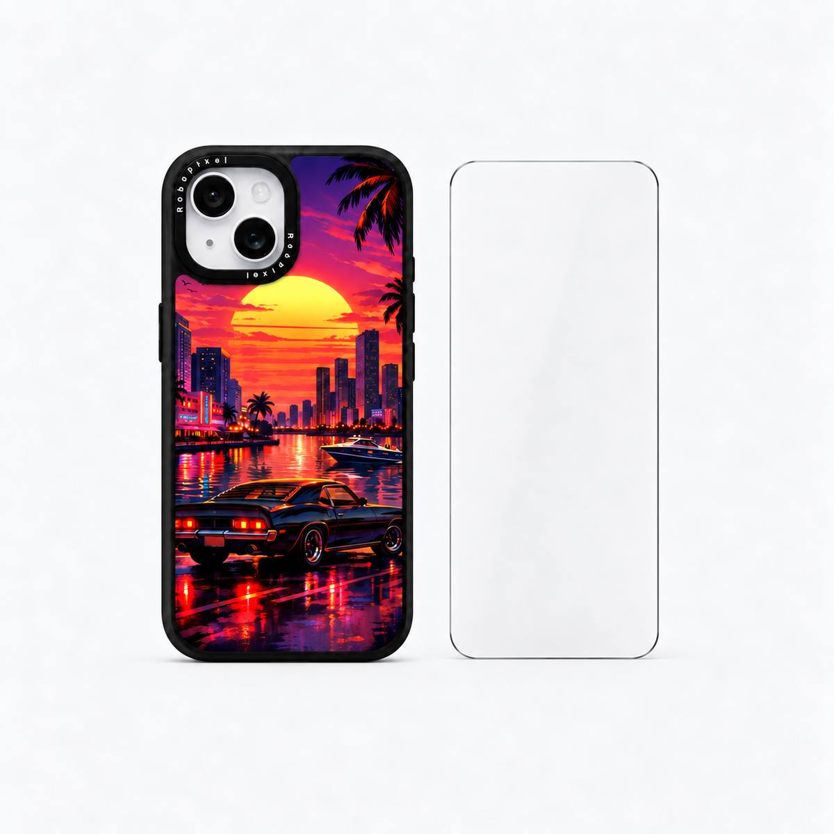 The Protection Pack — Miami Sunset for iPhone 15 / iPhone 15 Plus: phone case and one tempered glass screen protector