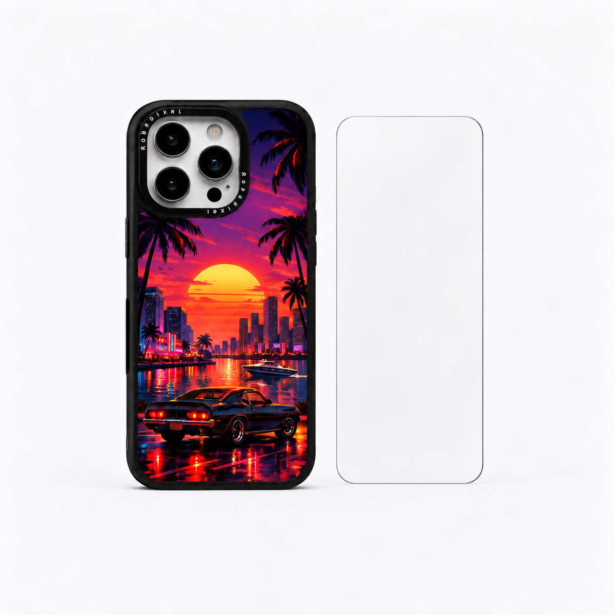 The Protection Pack — Miami Sunset for iPhone 15 Pro / iPhone 15 Pro Max: phone case and one tempered glass screen protector