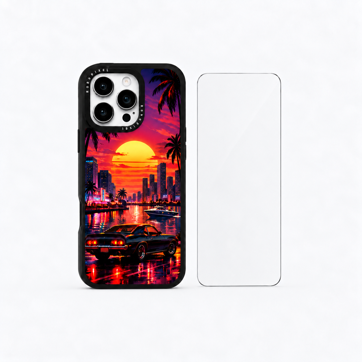 The Protection Pack — Miami Sunset for iPhone 16 Pro / iPhone 16 Pro Max: phone case and one tempered glass screen protector