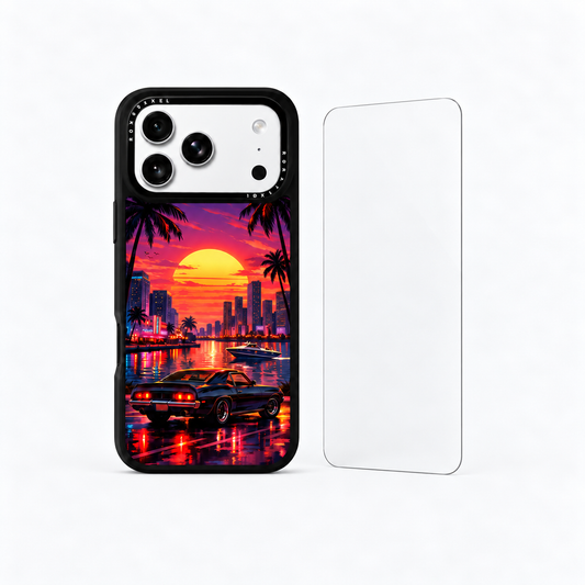The Protection Pack — Miami Sunset for iPhone 17 Pro / iPhone 17 Pro Max: phone case and one tempered glass screen protector