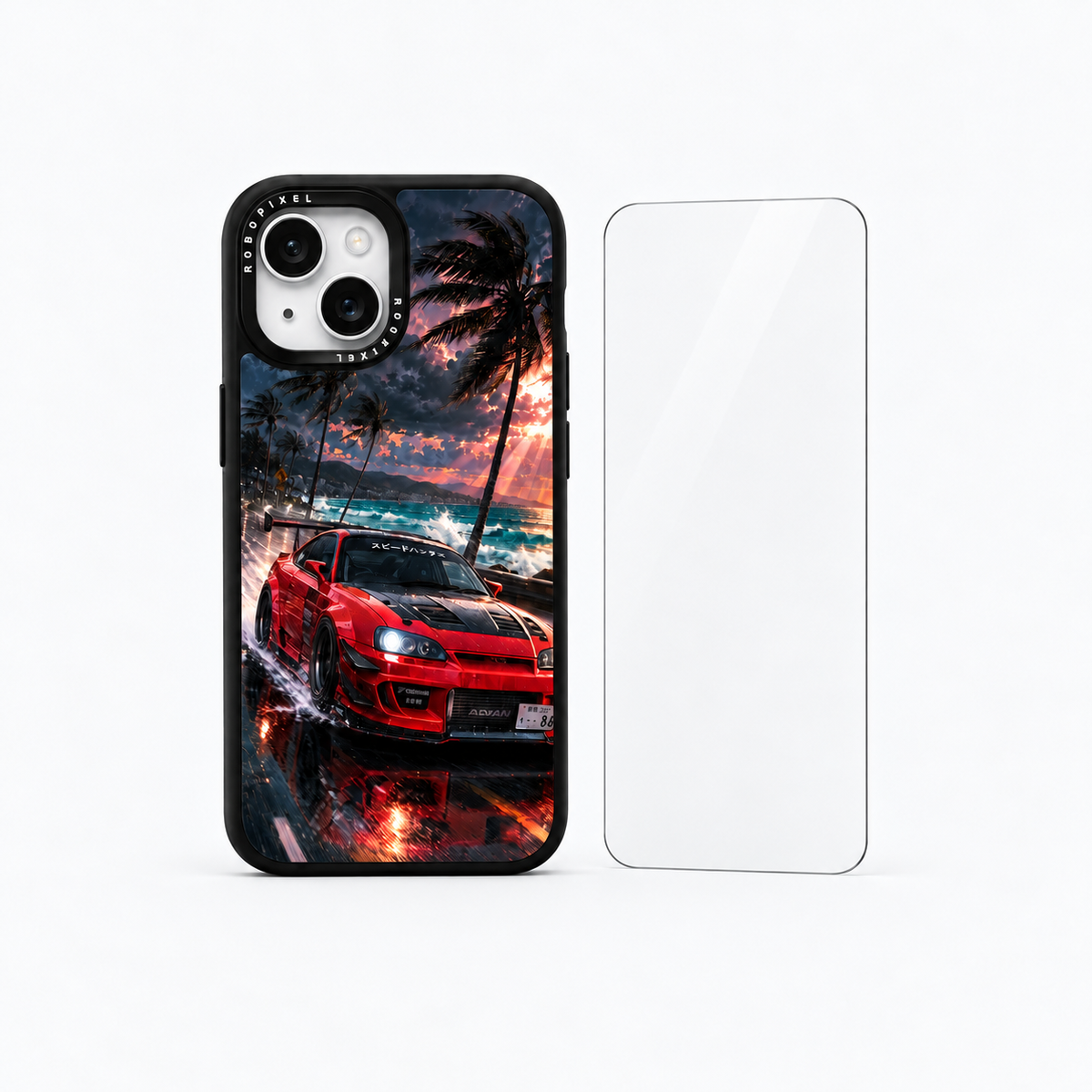 The Protection Pack — Neon Monsoon for iPhone 15 / iPhone 15 Plus: phone case and one tempered glass screen protector