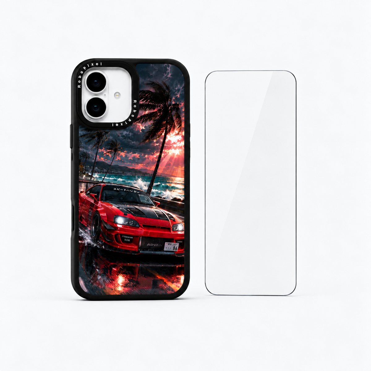 The Protection Pack — Neon Monsoon for iPhone 16 / iPhone 16 Plus: phone case and one tempered glass screen protector