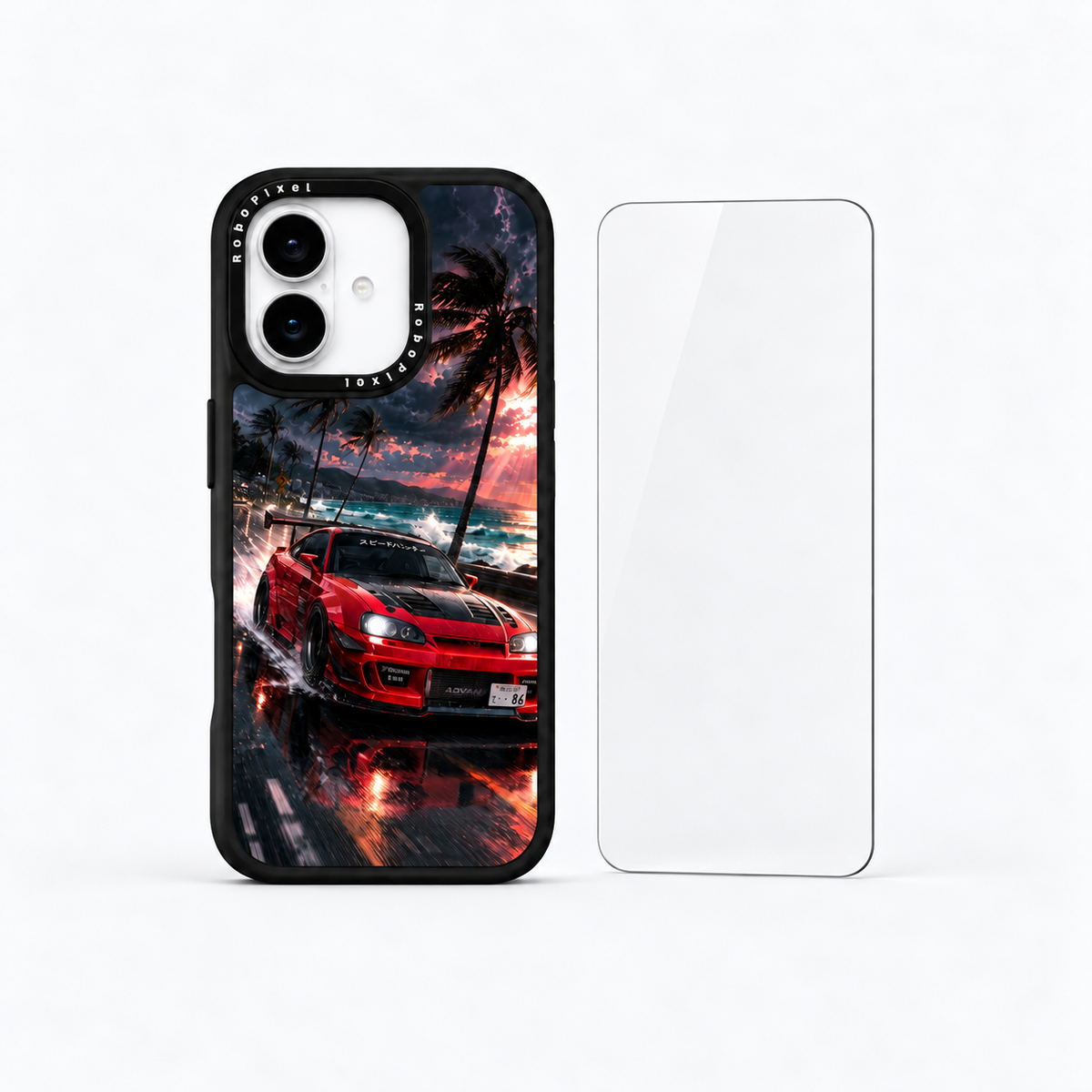 The Protection Pack — Neon Monsoon for iPhone 17: phone case and one tempered glass screen protector