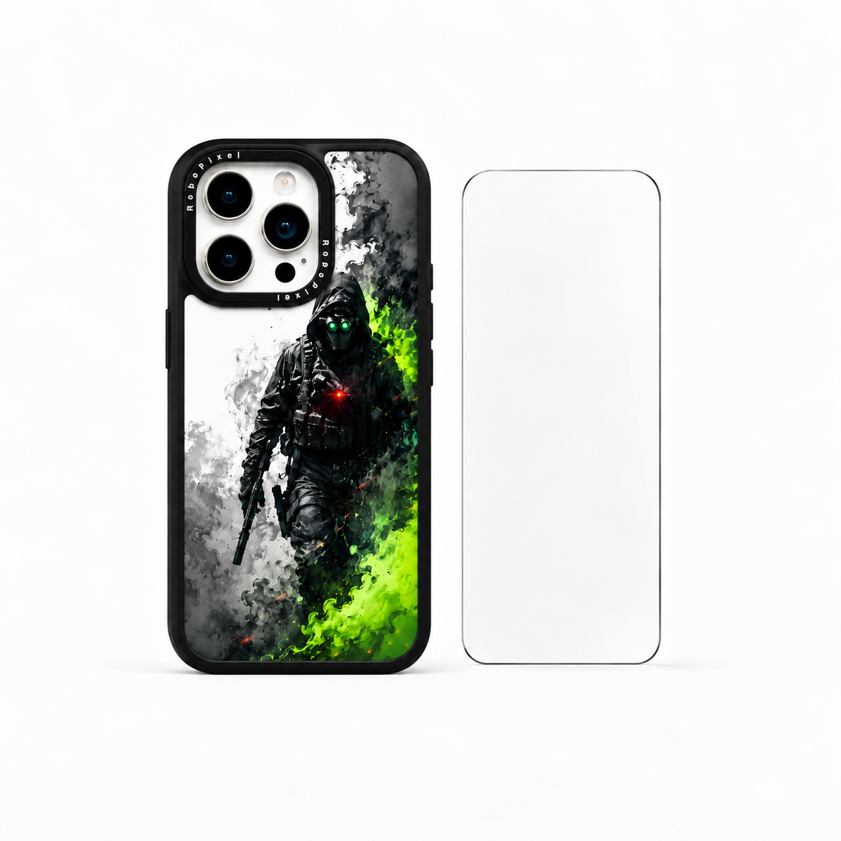 The Protection Pack — Operator Shadow for iPhone 15 Pro / iPhone 15 Pro Max: phone case and one tempered glass screen protector