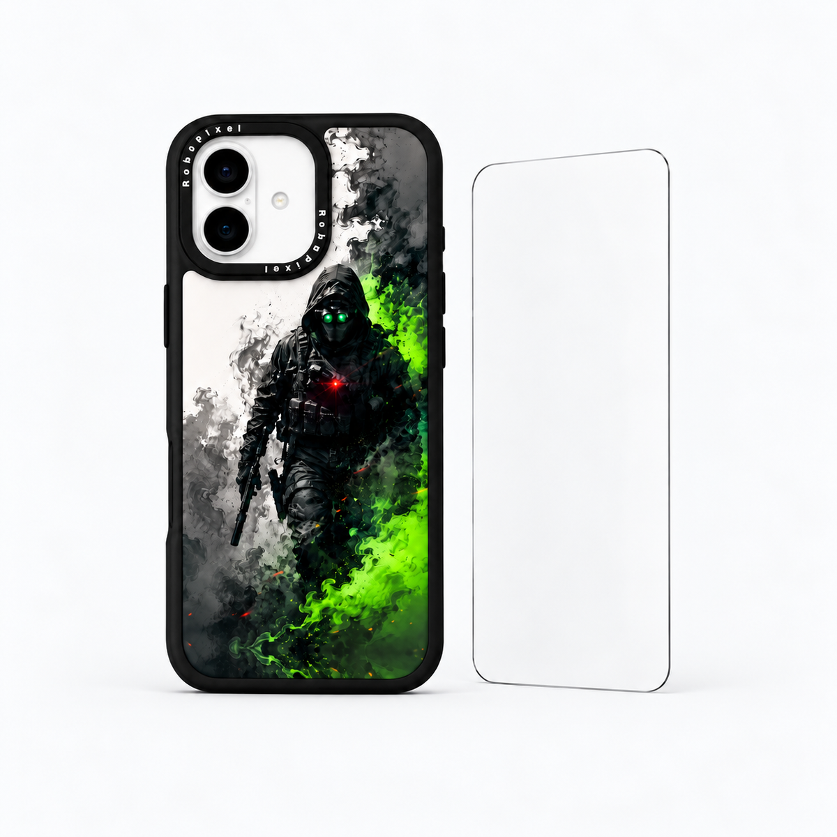 The Protection Pack — Operator Shadow for iPhone 16 / iPhone 16 Plus: phone case and one tempered glass screen protector