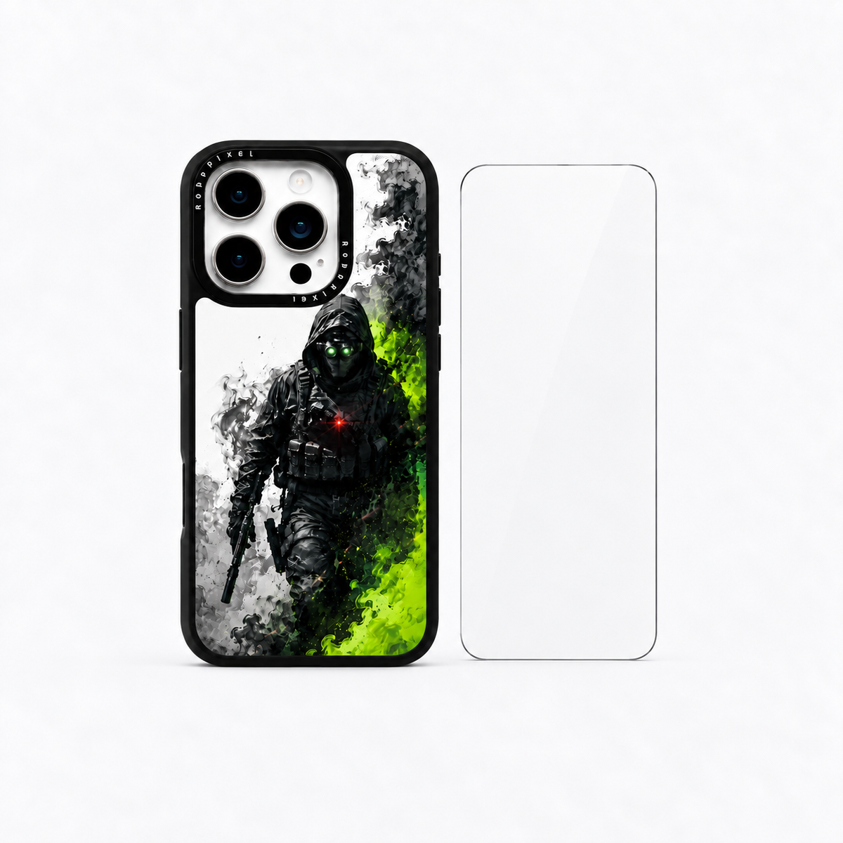 The Protection Pack — Operator Shadow for iPhone 16 Pro / iPhone 16 Pro Max: phone case and one tempered glass screen protector