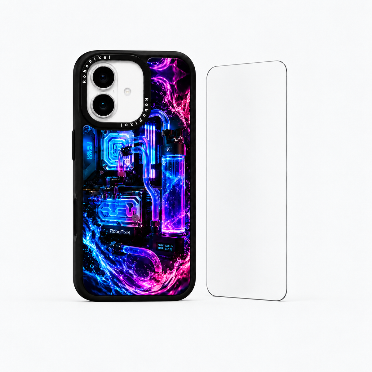 The Protection Pack — Plasma Hyper-Flow for iPhone 16 / iPhone 16 Plus: phone case and one tempered glass screen protector