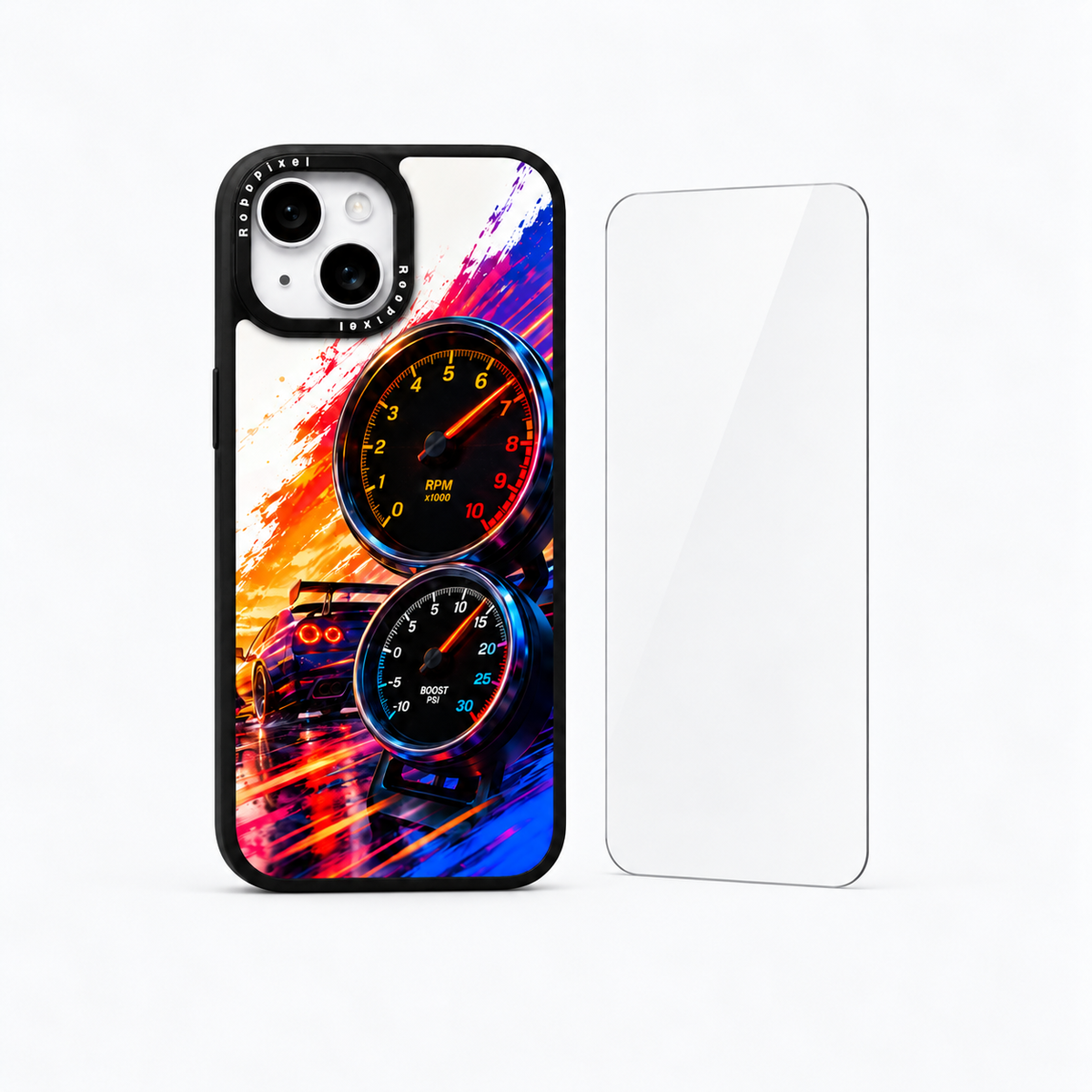 The Protection Pack — Redline Pulse for iPhone 15 / iPhone 15 Plus: phone case and one tempered glass screen protector