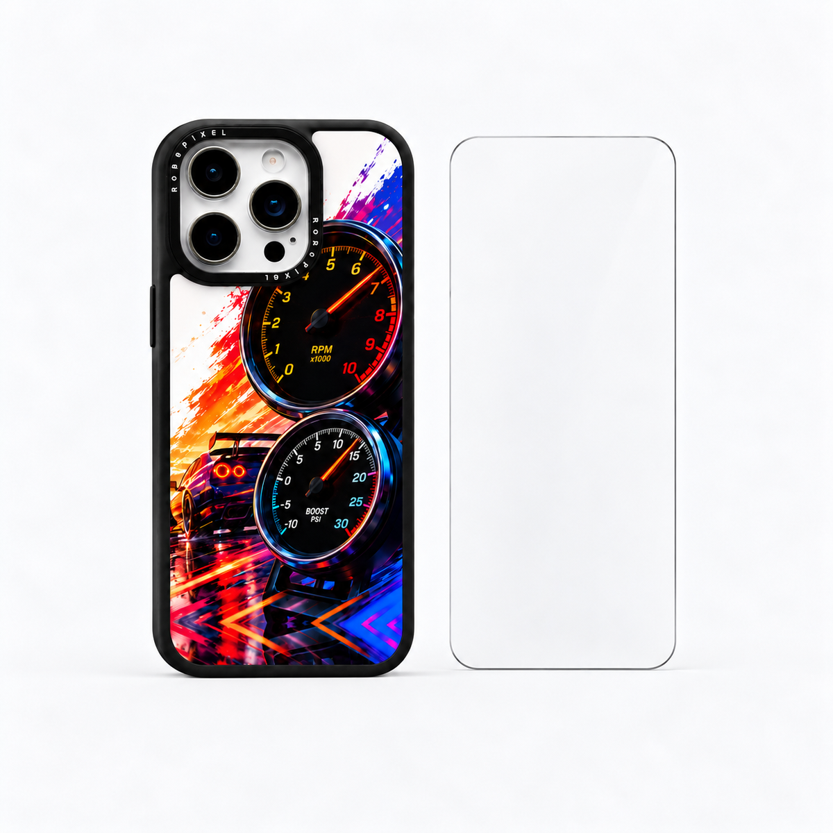 The Protection Pack — Redline Pulse for iPhone 15 Pro / iPhone 15 Pro Max: phone case and one tempered glass screen protector