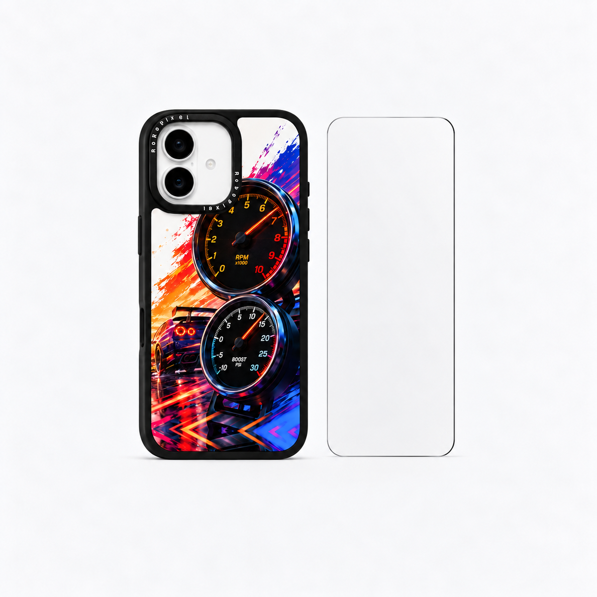 The Protection Pack — Redline Pulse for iPhone 16 / iPhone 16 Plus: phone case and one tempered glass screen protector