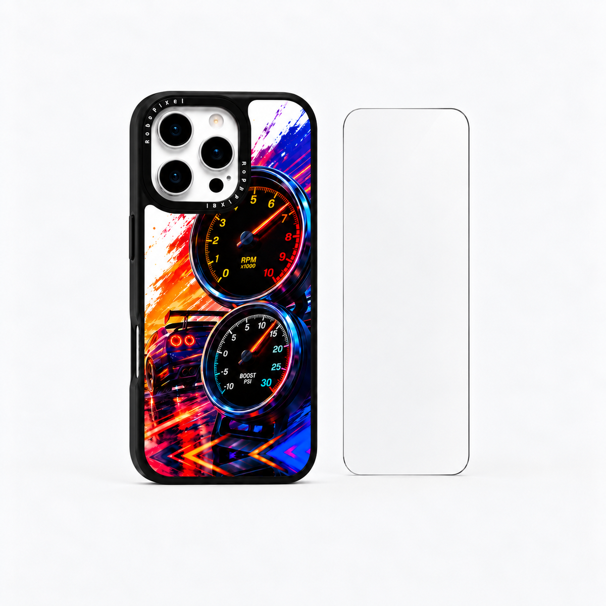 The Protection Pack — Redline Pulse for iPhone 16 Pro / iPhone 16 Pro Max: phone case and one tempered glass screen protector