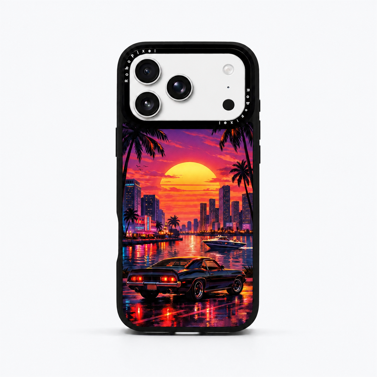 Miami Sunset phone case shown on iPhone 17 Pro Max
